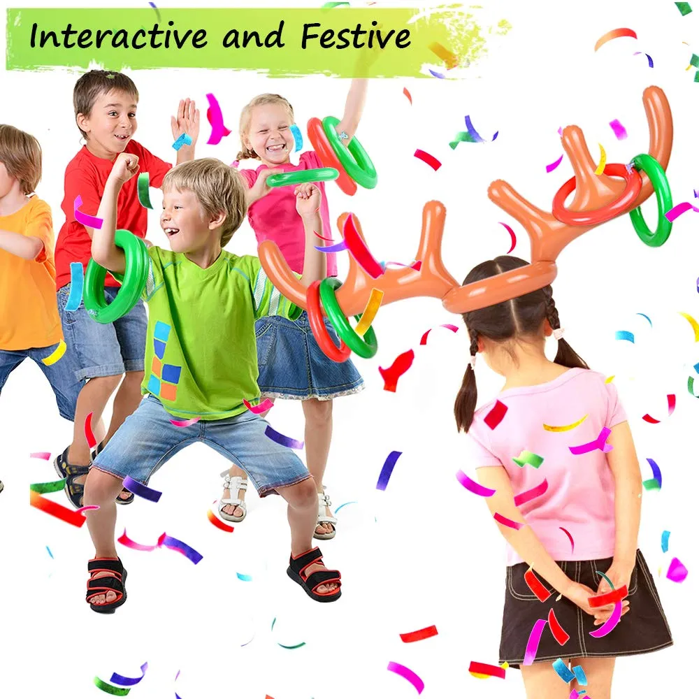 2 Set Inflatable Reindeer Antler Game (2 Reindeer Antler Hat with 12 Ring Toss, 2 Red Reindeer Nose, 1 Medal and 1 Hand-held Pump) Great Family Christmas Party Games