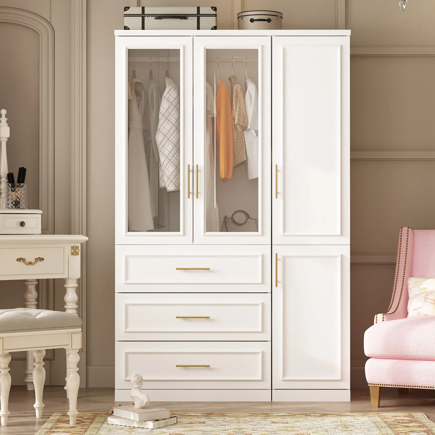 74.8" Large Modular Wardrobe with Glass Doors and Drawers