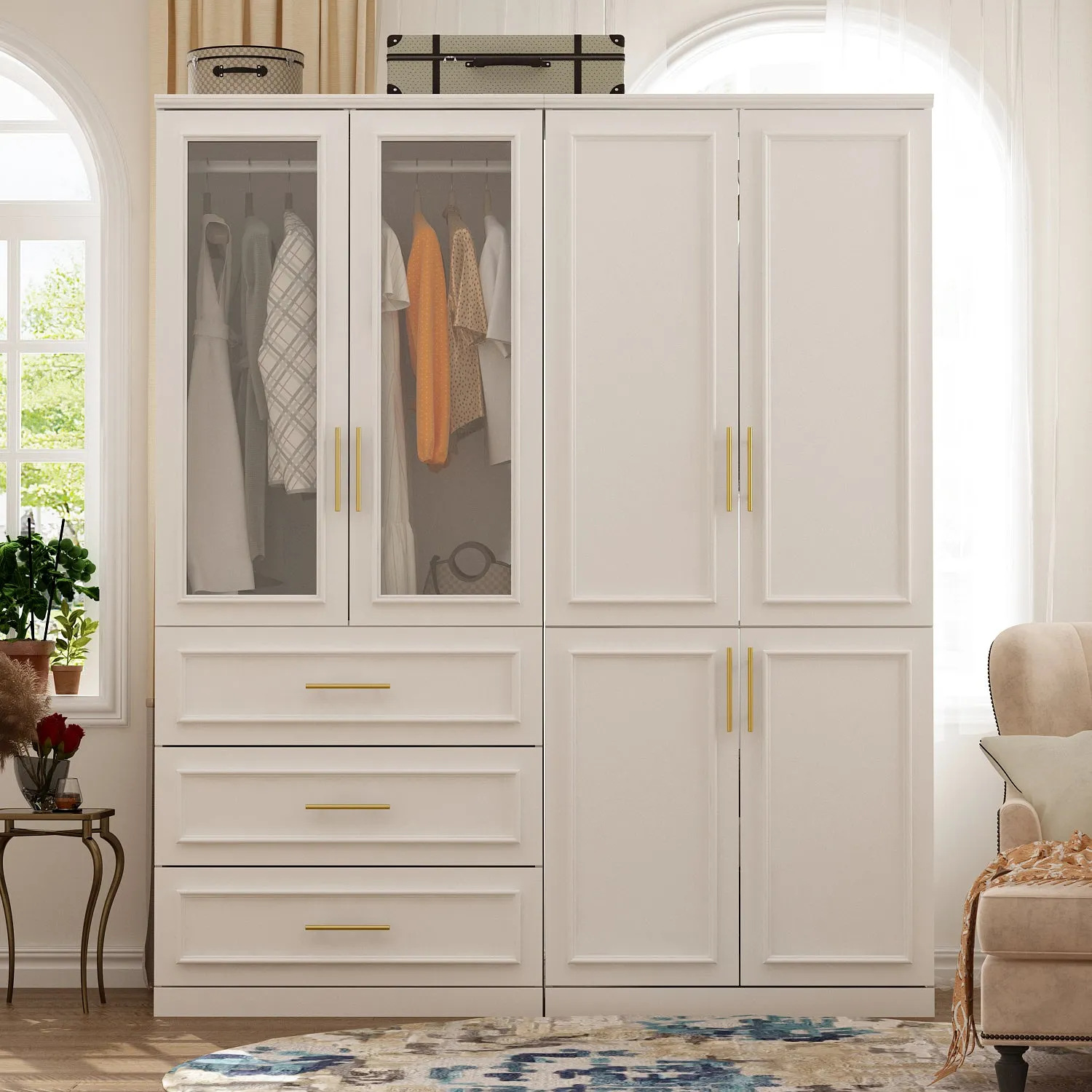 74.8" Large Modular Wardrobe with Glass Doors and Drawers