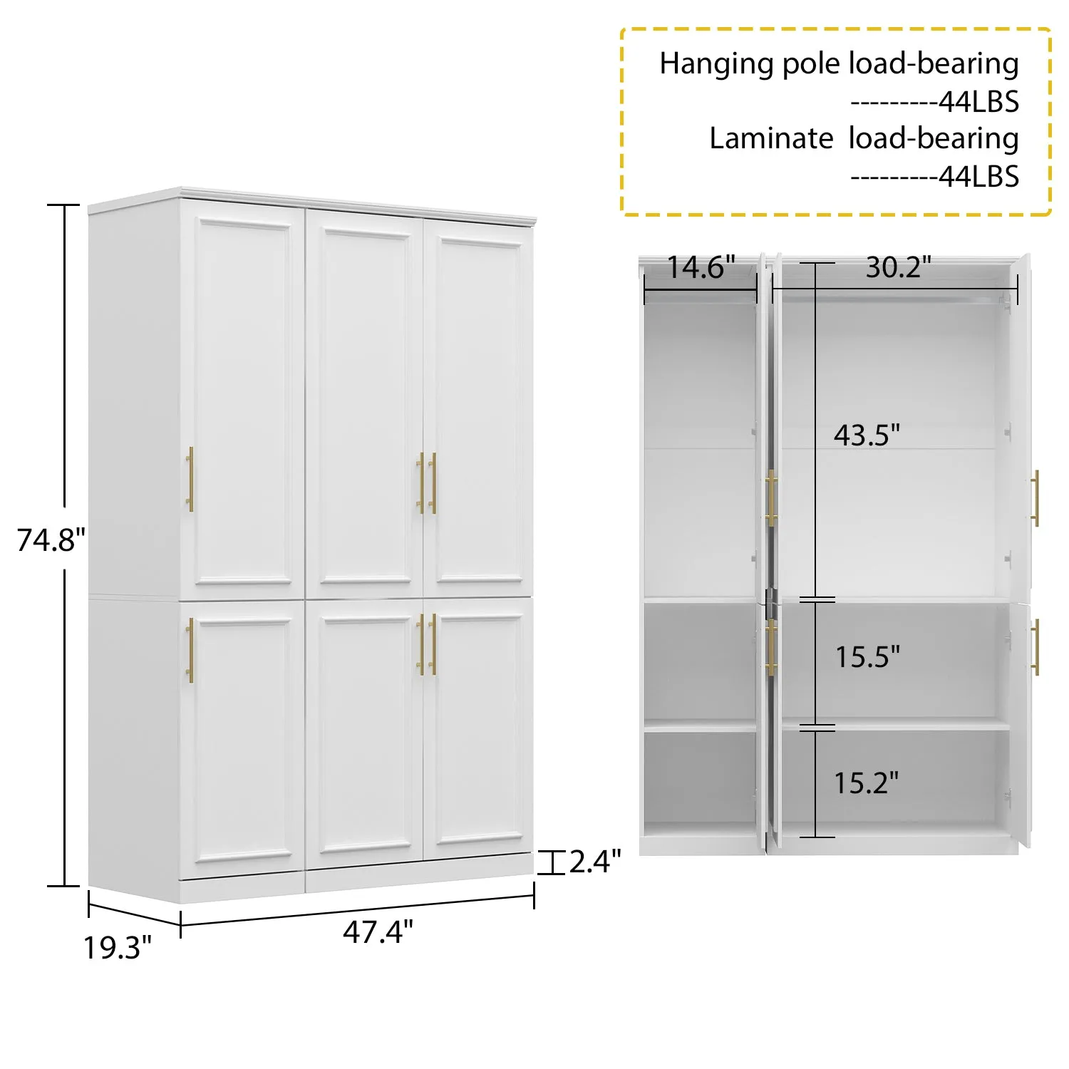 74.8" Large Modular Wardrobe with Glass Doors and Drawers