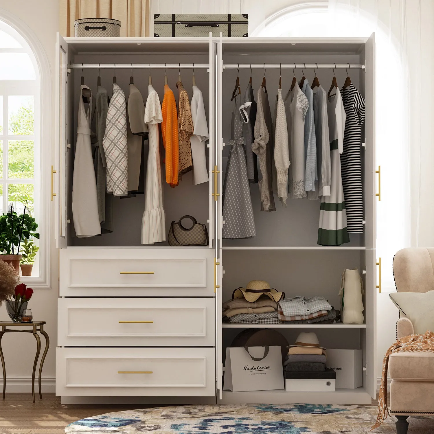 74.8" Large Modular Wardrobe with Glass Doors and Drawers