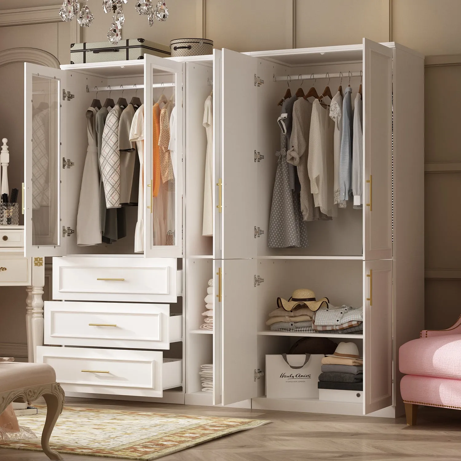 74.8" Large Modular Wardrobe with Glass Doors and Drawers