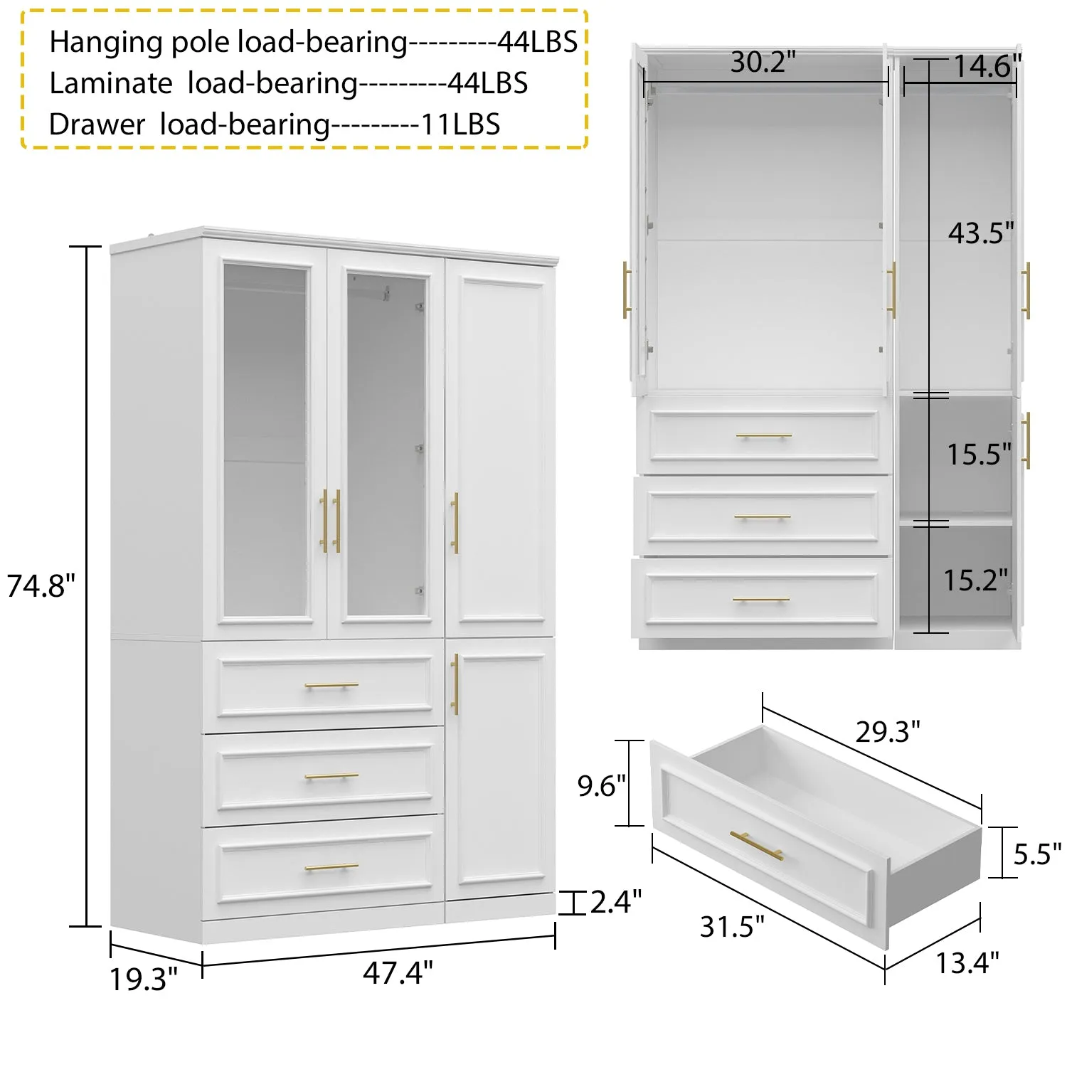 74.8" Large Modular Wardrobe with Glass Doors and Drawers