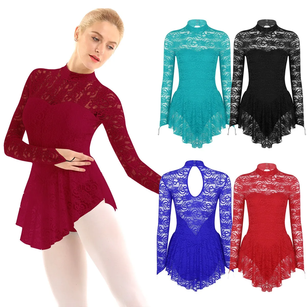 Adult Mock Neck Long Sleeve Ballet Gymnastics Figure Ice Skating Competition Costume