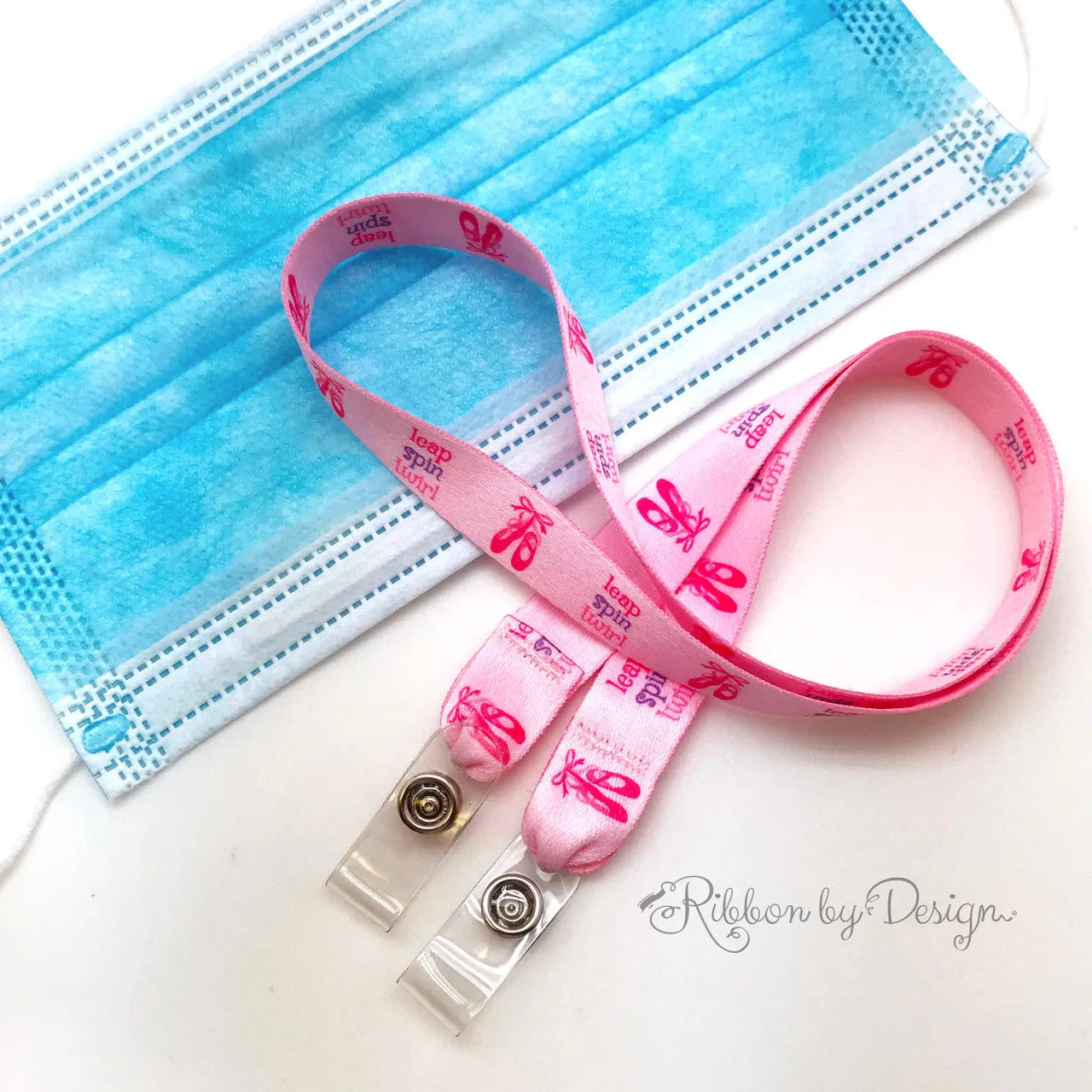 Ballet Theme Face mask holder lanyard 24" long in with vinyl  snap fittings printed on 5/8" Ultra Lanyard fabric