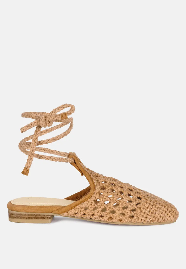 BARTSI Tan Handwoven Tie Up Flat Mules