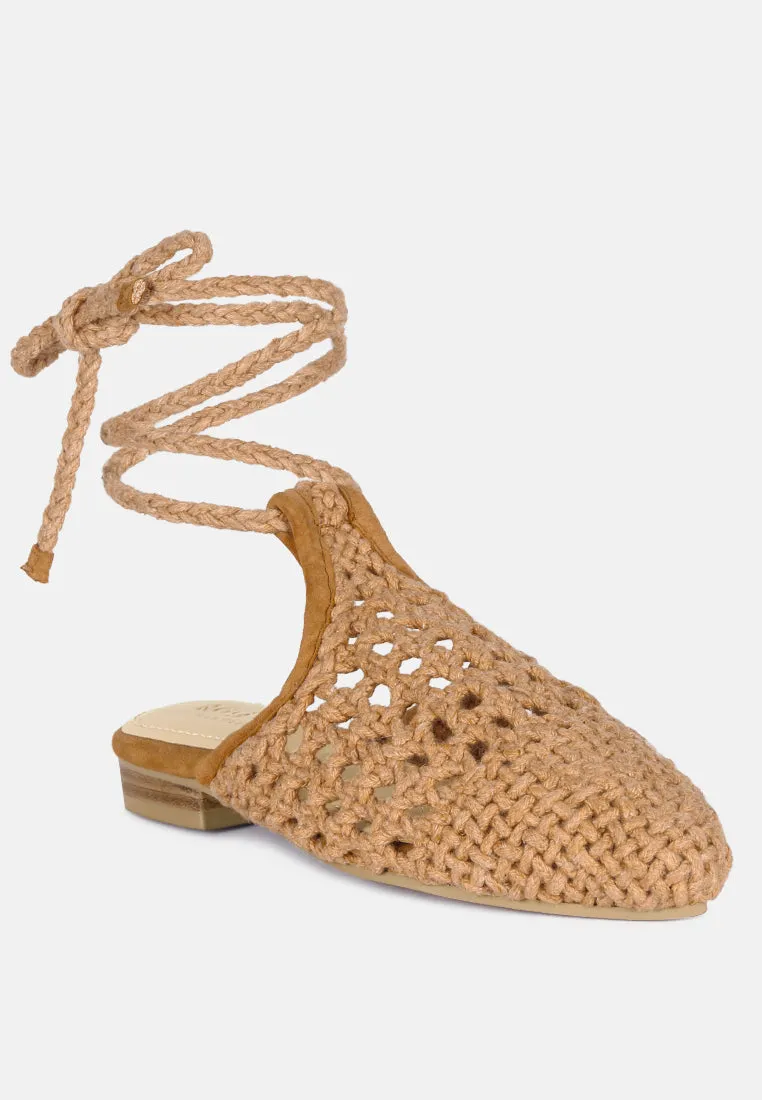 BARTSI Tan Handwoven Tie Up Flat Mules