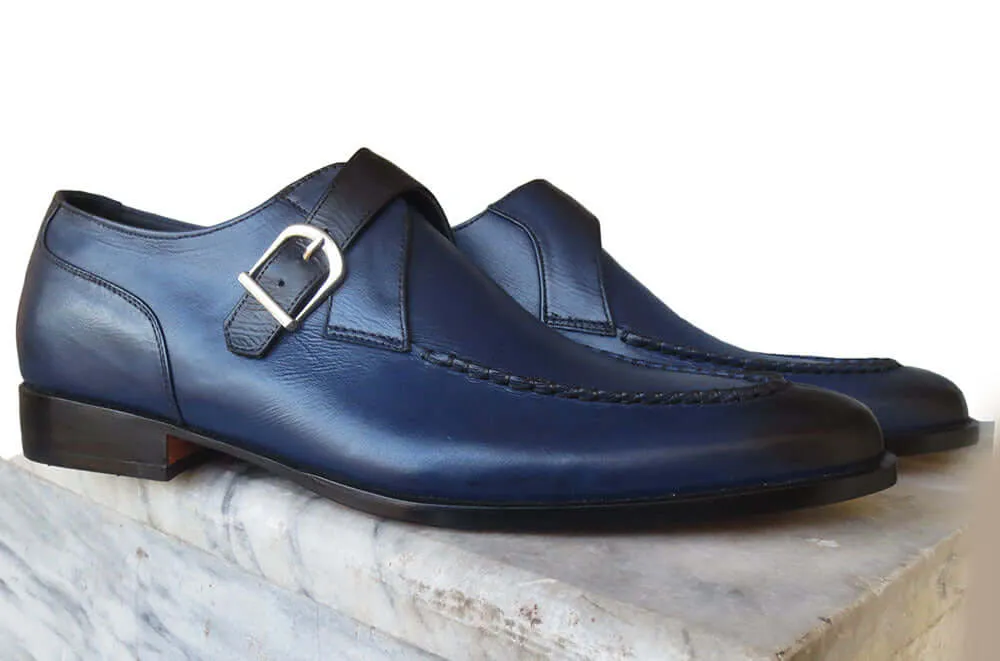 Bespoke Blue Leather Monk Strap Shoe for Men