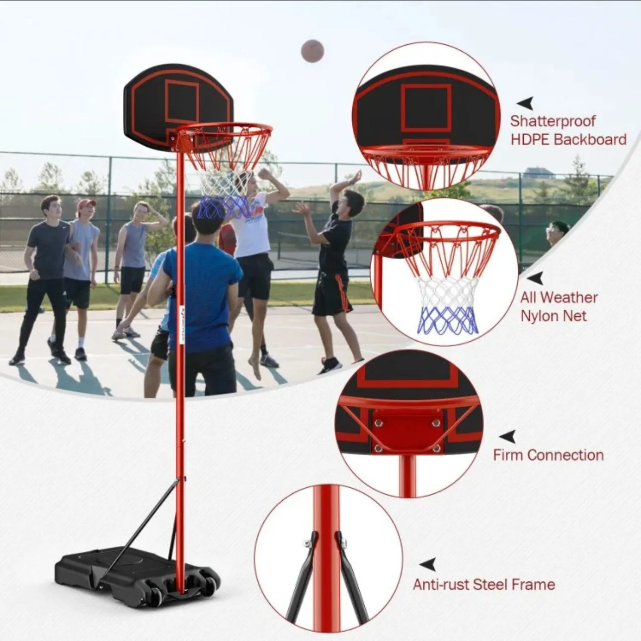 Black & Red Super Cool Portable Basketball Net Hoop With Wheels & Backboard | Adjustable Height | 5FT-7Ft | Heavy Duty | Sturdy Base