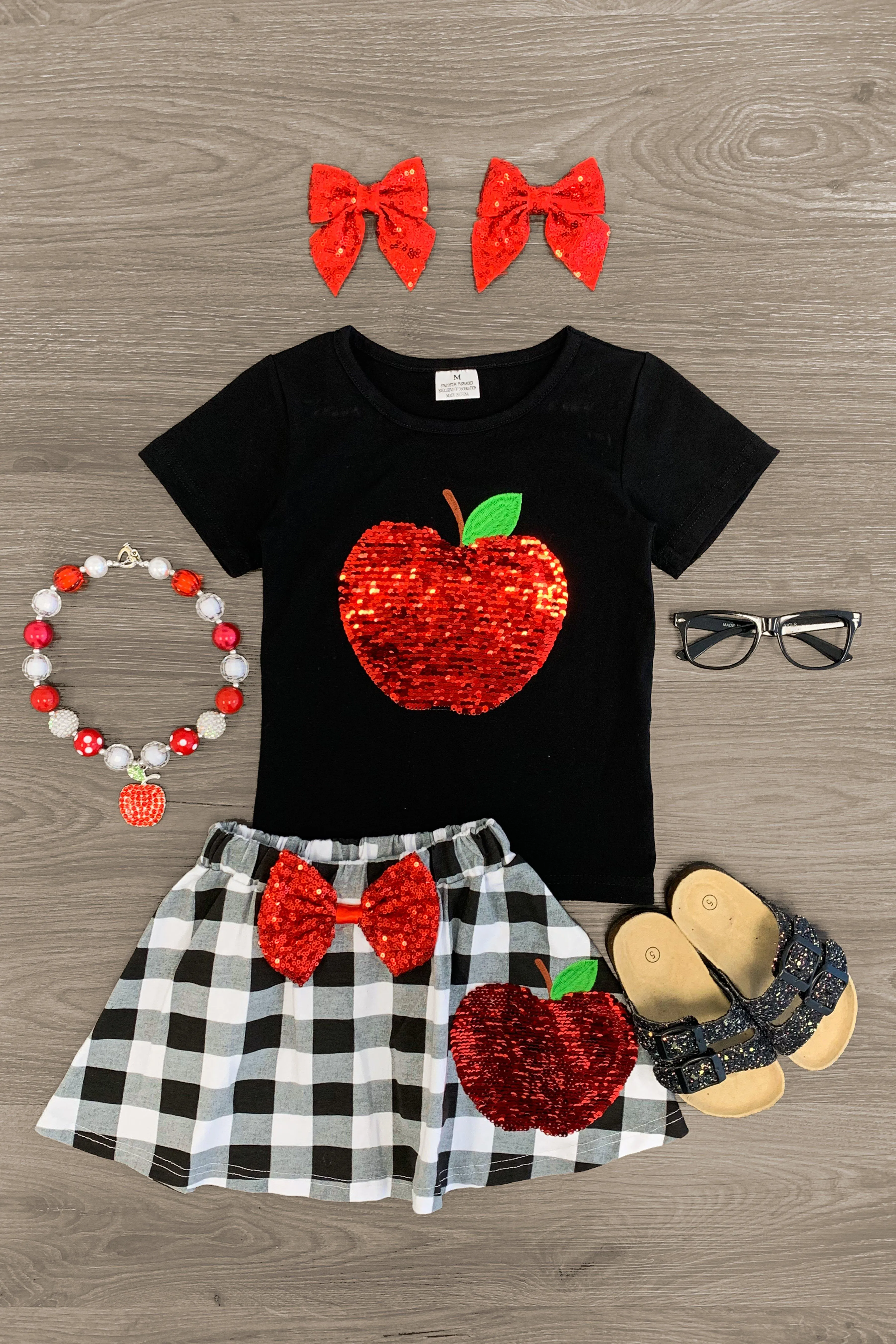 Black & White Sequin Apples Skirt Set