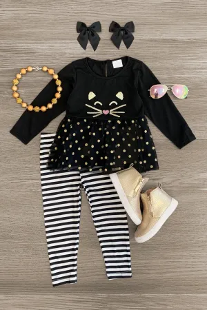 Black Cat Sequin Striped Legging Set