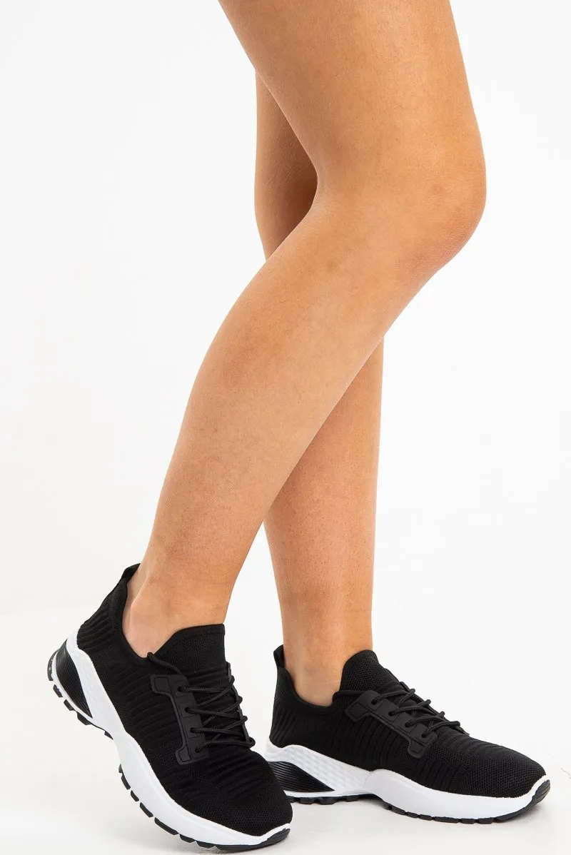 Black Chunky Cleated Sole Knit Trainers - Marzia