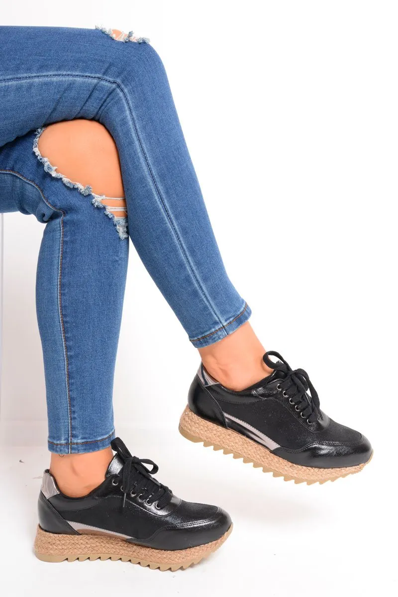 Black Lace Up Chunky Espadrille Trainers - Emmarie