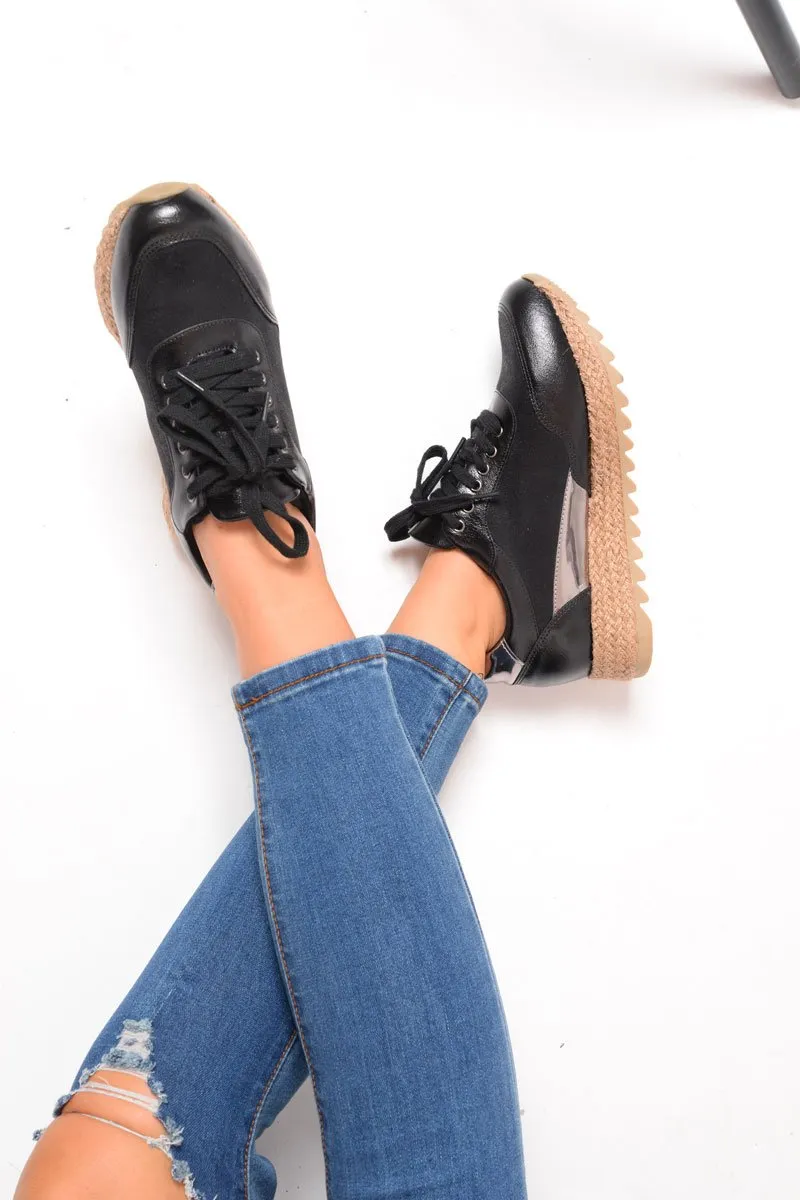 Black Lace Up Chunky Espadrille Trainers - Emmarie