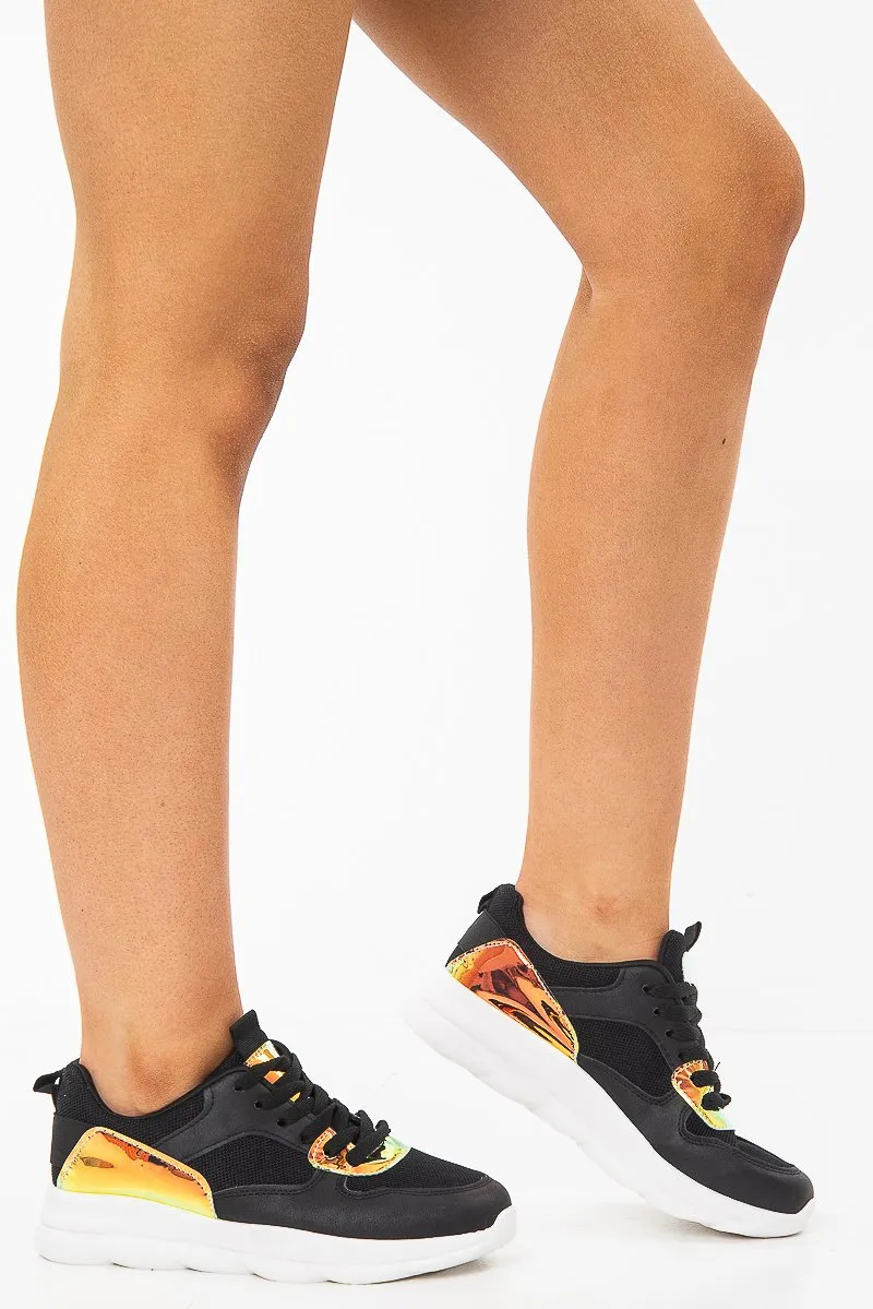 Black Lace Up Trainers with Iridescent Detail - Hydie