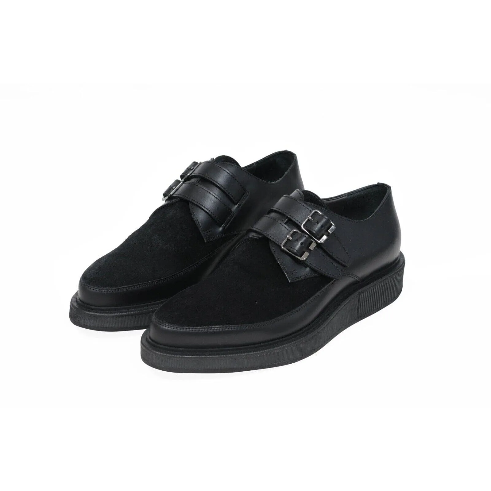 Black Leather Pony Hair Monk Strap Chunky Creeper Dress Derbys