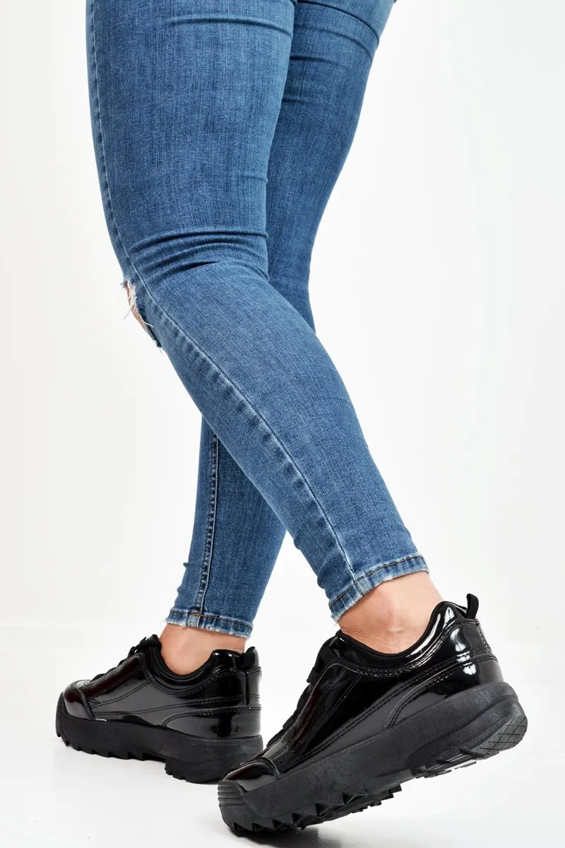 Black Patent Faux Leather Chunky Trainers - Esmi