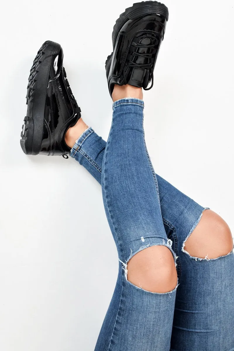 Black Patent Faux Leather Chunky Trainers - Esmi