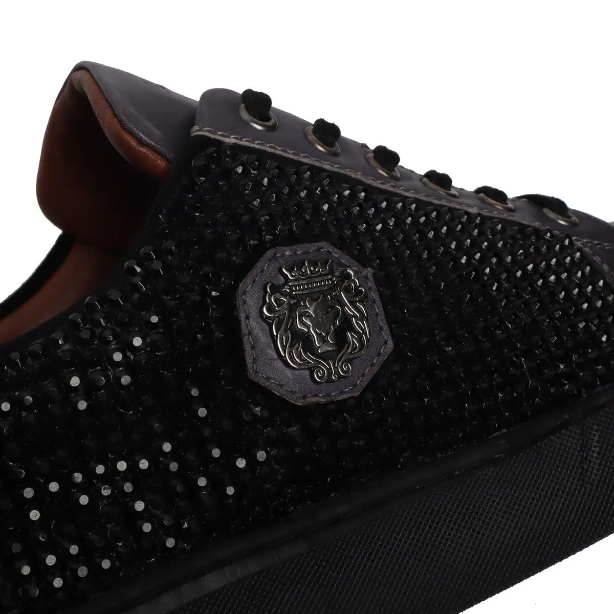 Black Rhinestones Grey Leather Low Top Sneakers by Brune & Bareskin