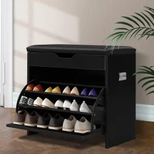 Black Shoe Cabinet Bench, Storage Rack for 15 Pairs | Artiss