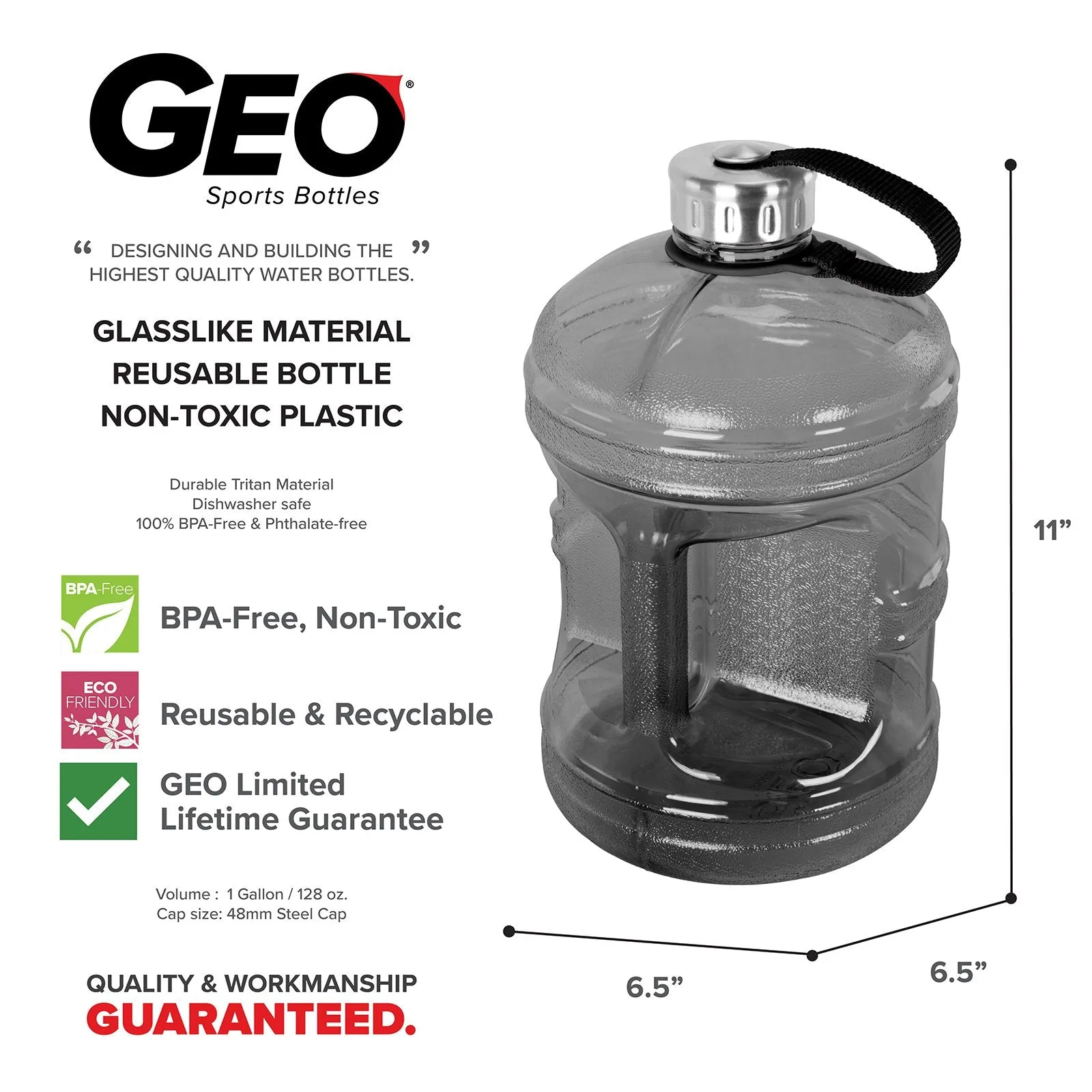 BPA Free 1 Gallon Water Bottle, Plastic Bottle, Sports Bottle, with Stainless Steel Screw Cap, GEO