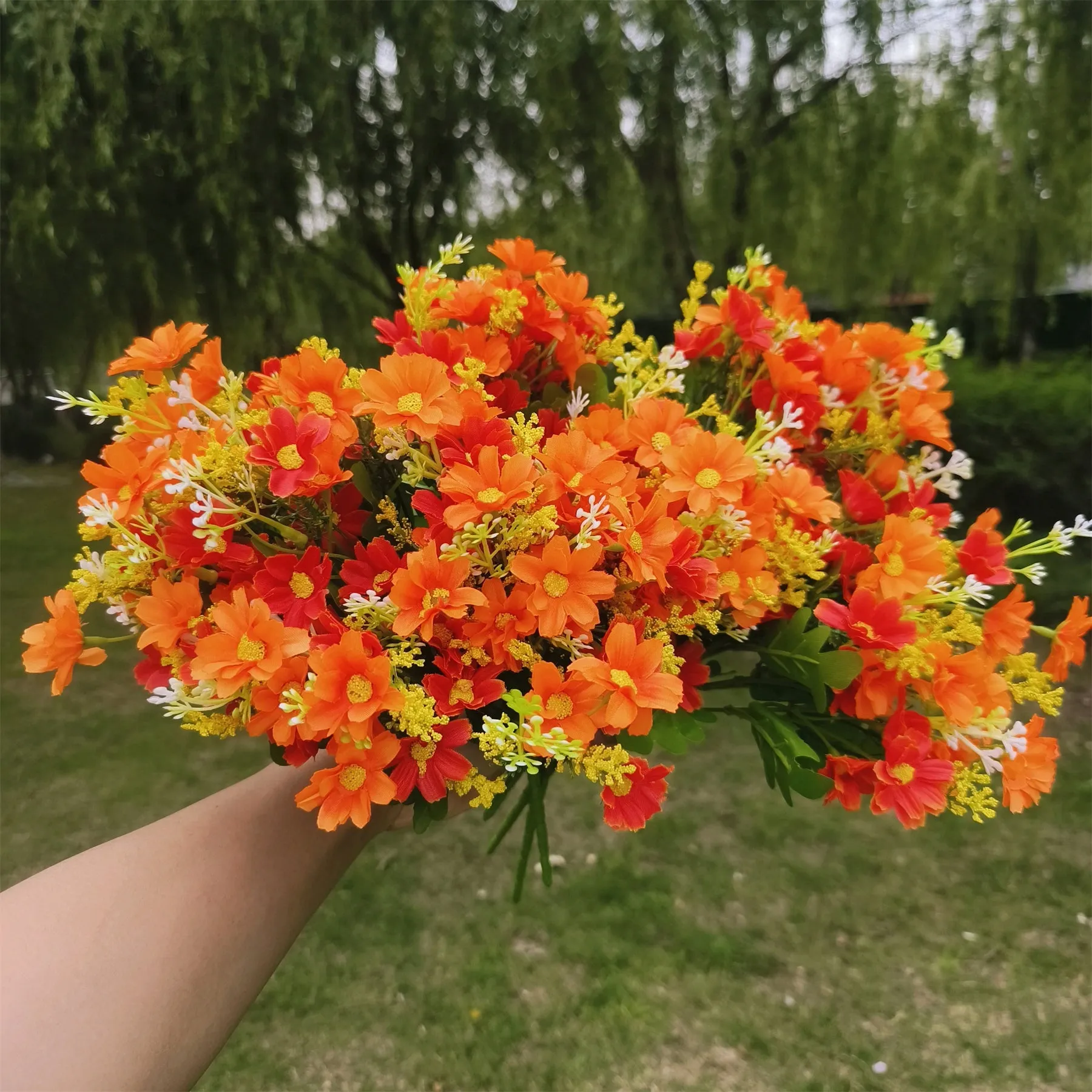 Bulk 12" 8Pcs Artificial Fall Flowers for Outdoors Orange Yellow Daisy Plants Shrubs for Garden Wholesale