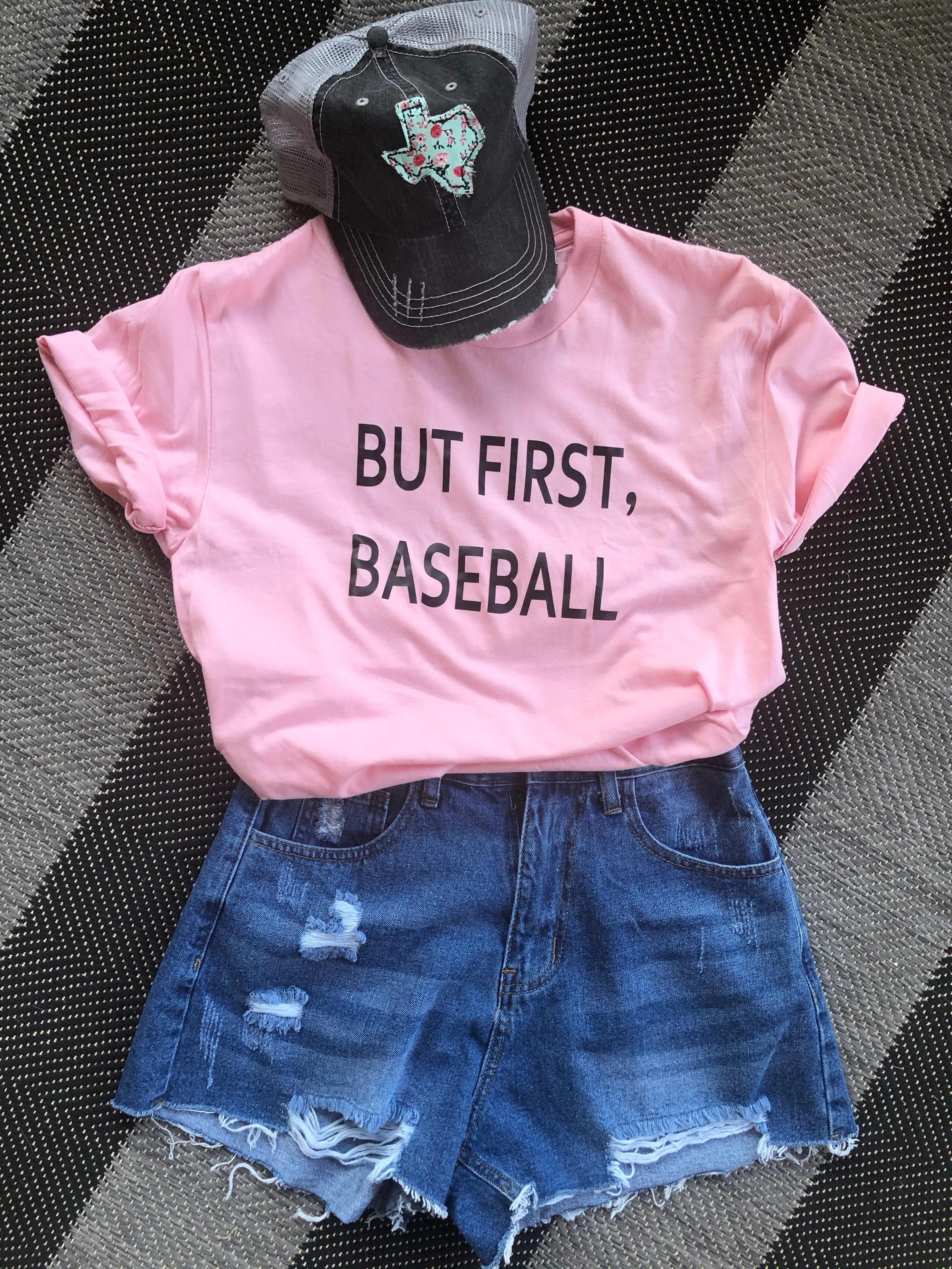 But First, Baseball Tee in Pink (S-2X)