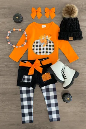 Gingham Pumpkin Legging & Denim Short Set