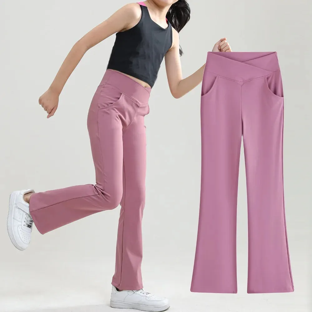 Girl'S Leggings Sport Cross Waist Flare Pants Yoga Preppy Clothes 10-12 Y Child Dance Running Black Bell Bottoms with Pockets