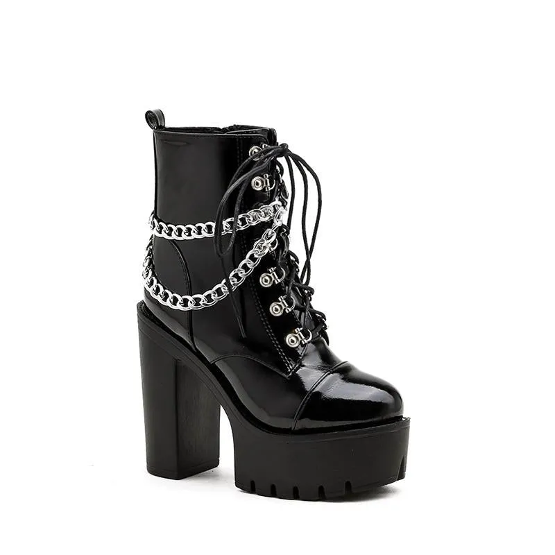 Halloween High Heeled Waterproof Platform Patent Leather Chain Boots