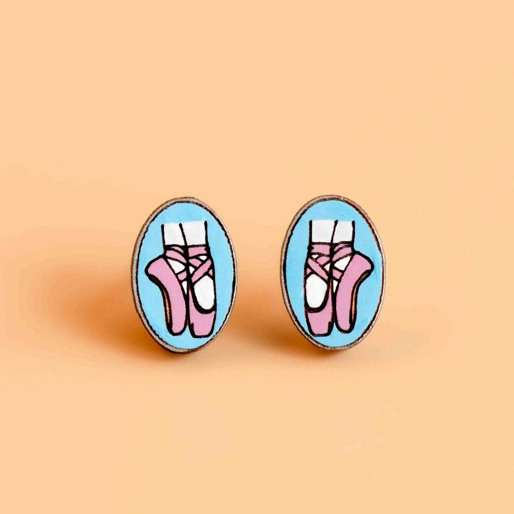 Hand-painted Oval Ballet Shoes Cherry Wood Stud Earrings - PET15117