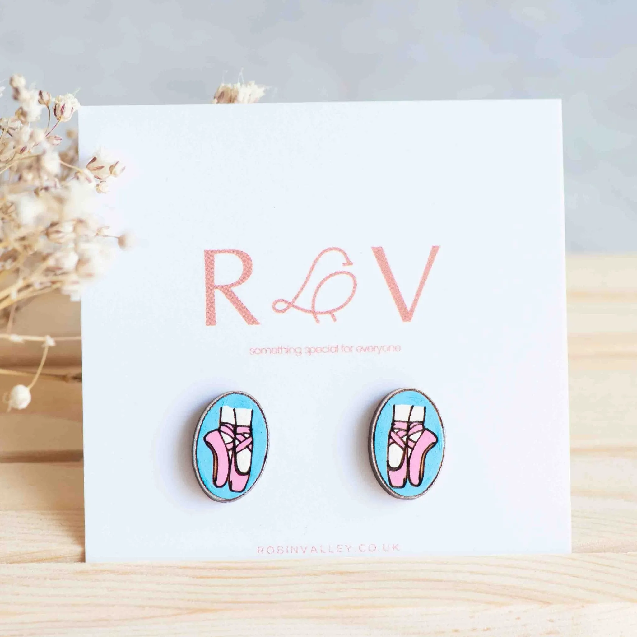 Hand-painted Oval Ballet Shoes Cherry Wood Stud Earrings - PET15117