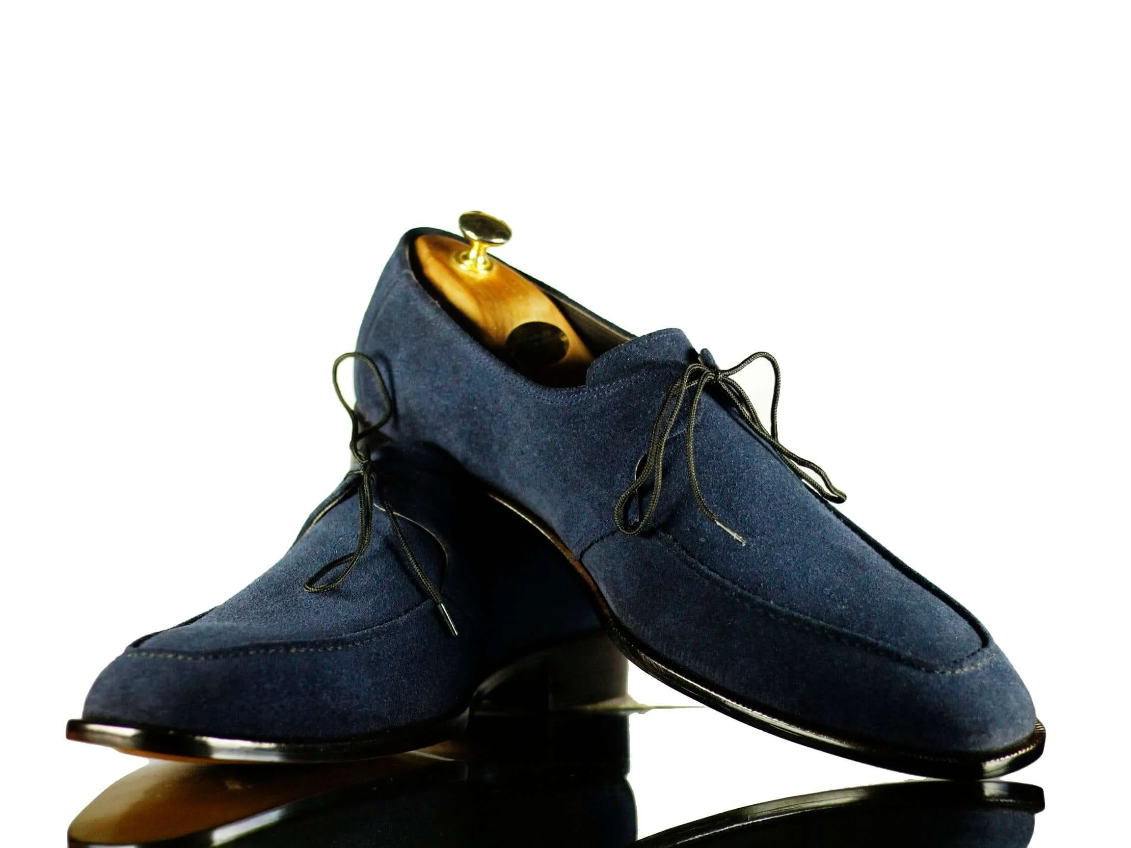 Handmade Blue Round Toe Lace Up Suede Shoes,For Men's