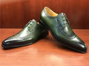 Handmade Green Color Leather Dress Shoes, Men's Brogue Style Lace Up Shoes