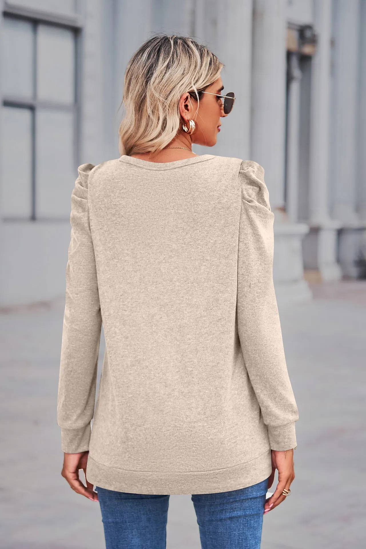 Heathered Puff Sleeve Round Neck Tunic Top