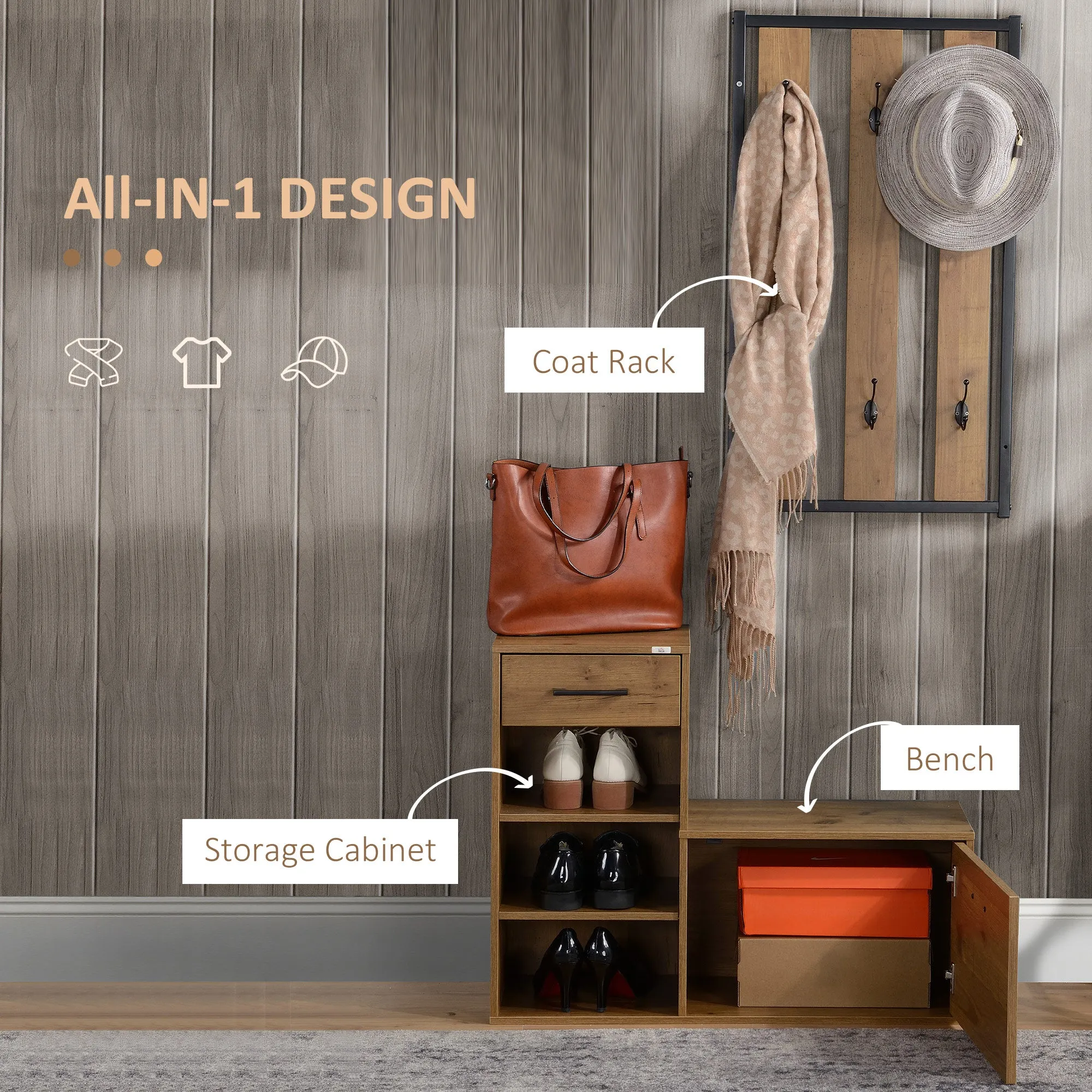 HOMCOM Coat Rack with Shoe Bench Set with 6 Hooks, Storage Drawer and Cabinet