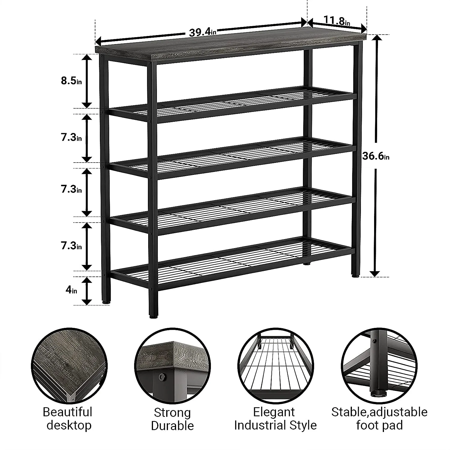 INDIAN DECOR XL5609 Shoe Rack, Industrial Shoe Storage Organizer, Large 5-Tier Metal Shoe Rack Shelves with Wood Board, Entryway Table for Hallway, Living Room, Closet, Bedroom, Black Oak