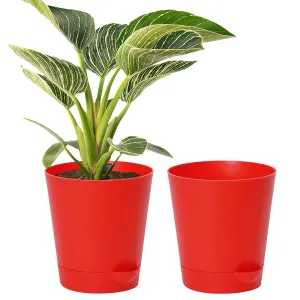 Kuber Industries Plastic Titan Pot|Garden Container for Plants & Flowers|Self-Watering Pot with Drainage Holes,6 Inch,Pack of 2 (Red)