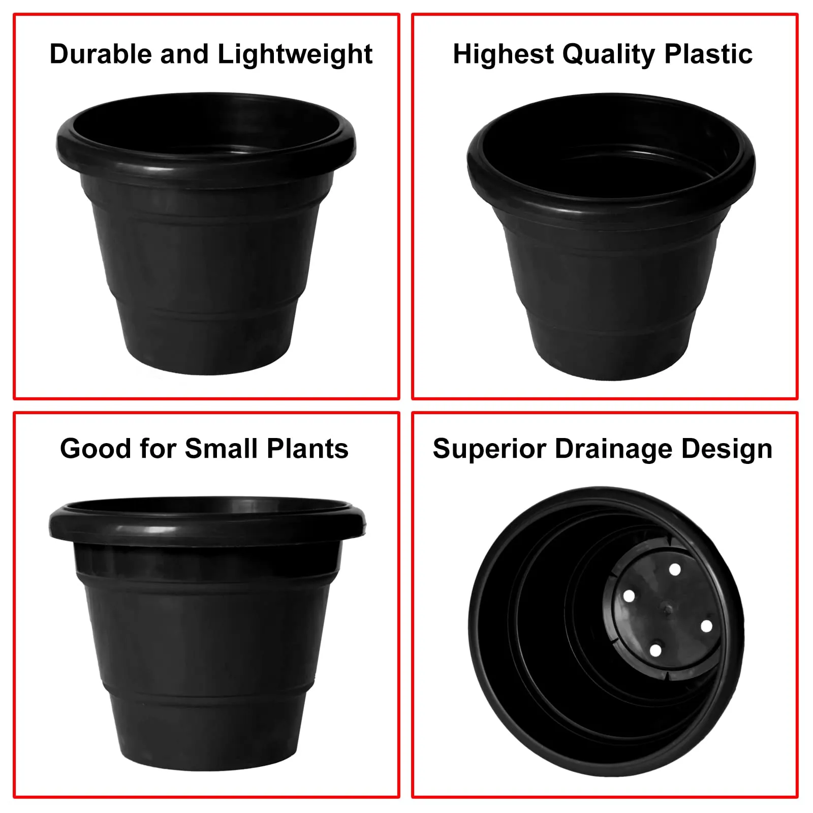 Kuber Industries Solid 2 Layered Plastic Flower Pot|Gamla for Home Decor,Nursery,Balcony,Garden,8"x 6",Pack of 8 (Black)