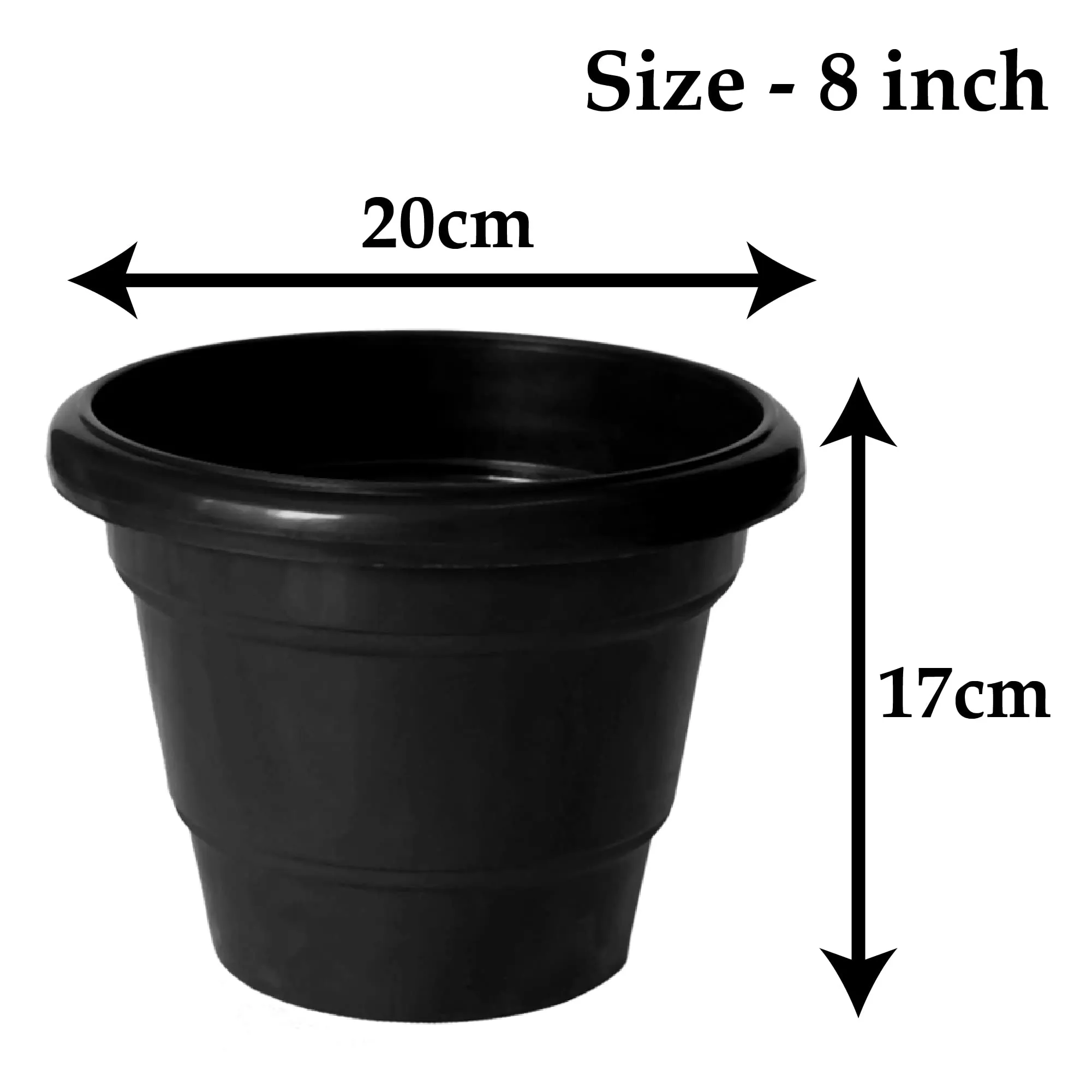 Kuber Industries Solid 2 Layered Plastic Flower Pot|Gamla for Home Decor,Nursery,Balcony,Garden,8"x 6",Pack of 8 (Black)