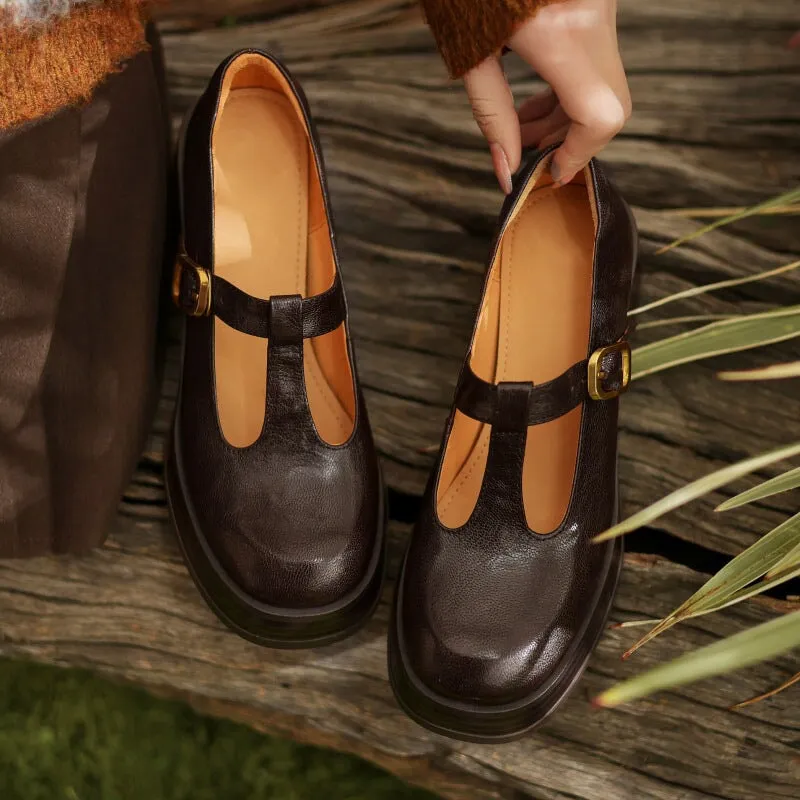 Leather T Strap Mary Jane Shoes Round Toe 70mm Block Heel in Brown/Black