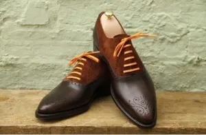 Men's Handmade Brown Brogue Toe Leather Suede Lace Up Oxford Dress Shoes