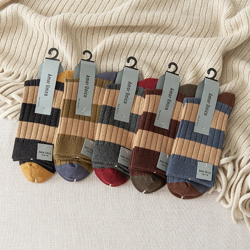 Mid-Calf Autumn Winter Retro Striped Sports Color Matching Cotton Leisure Long Socks