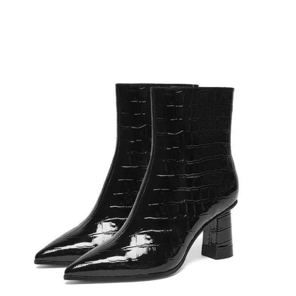 Millie's Pointed Toe Chunky Heel Patent Leather Short Boots