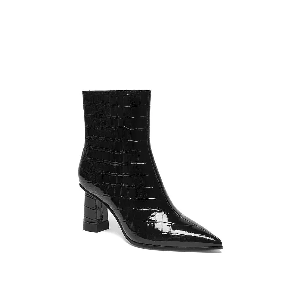 Millie's Pointed Toe Chunky Heel Patent Leather Short Boots