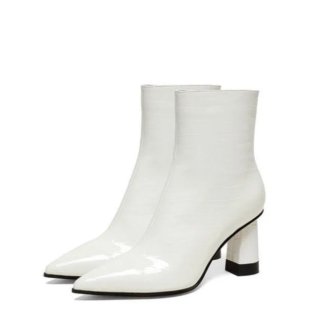 Millie's Pointed Toe Chunky Heel Patent Leather Short Boots