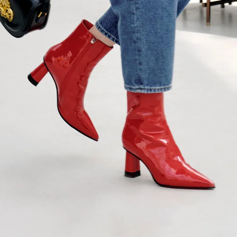 Millie's Pointed Toe Chunky Heel Patent Leather Short Boots