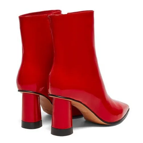 Millie's Pointed Toe Chunky Heel Patent Leather Short Boots