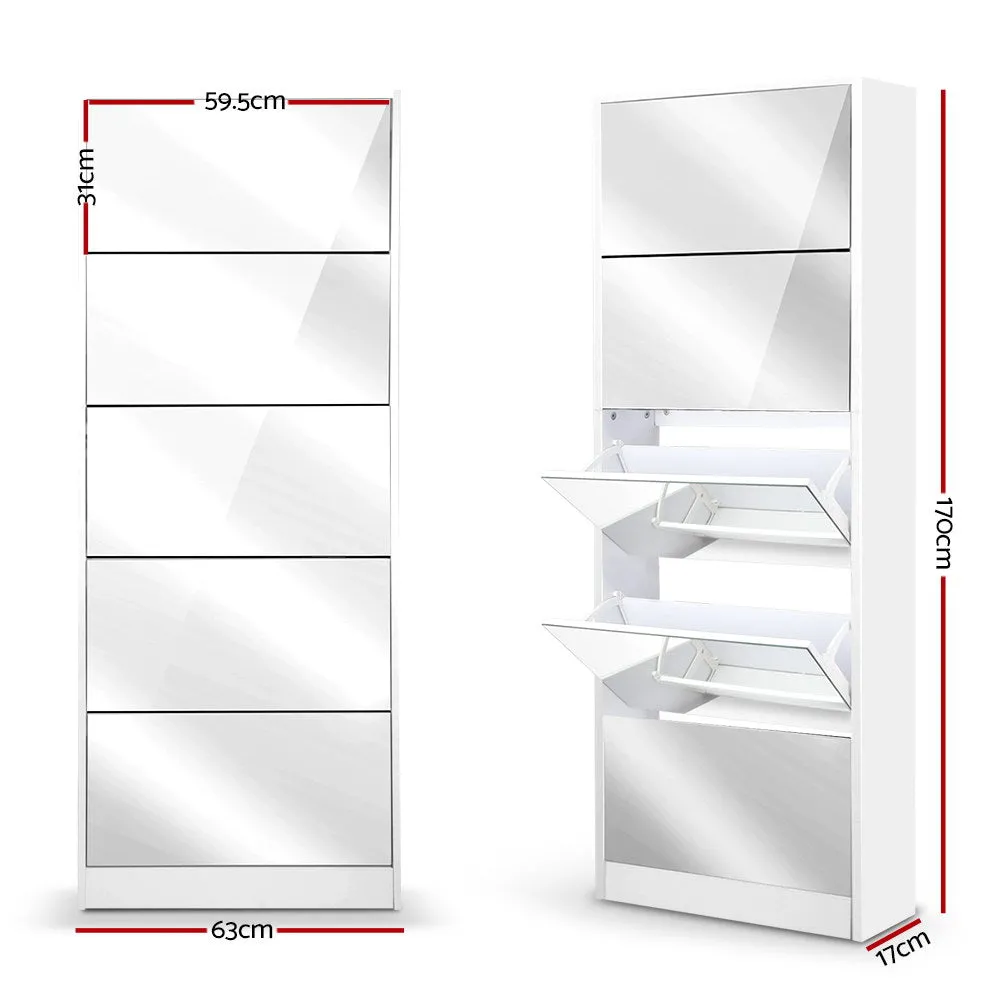 Mirror Shoe Cabinet, 5 Compartments, White - Artiss