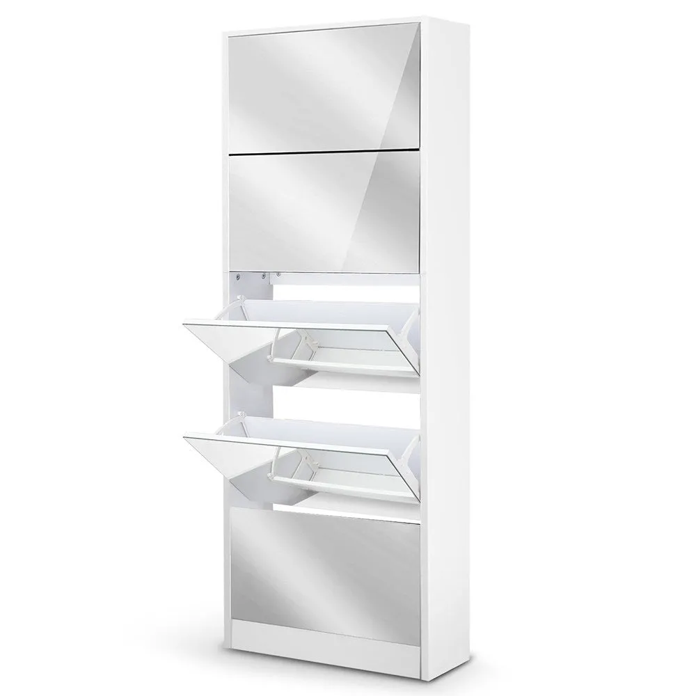 Mirror Shoe Cabinet, 5 Compartments, White - Artiss